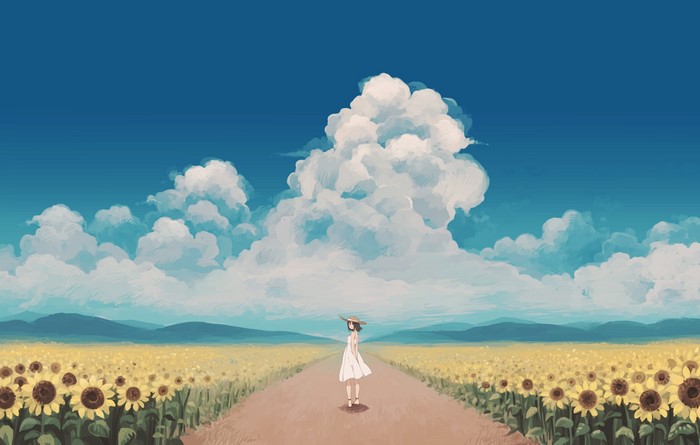 Girl in a sunflower field under clouds