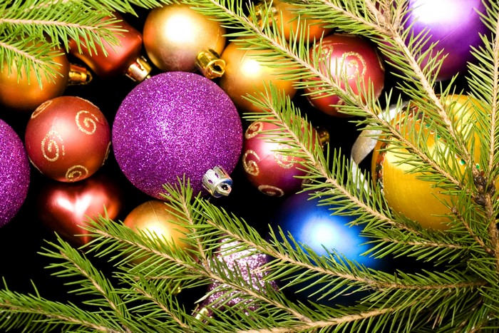 Christmas ornaments and pine branches
