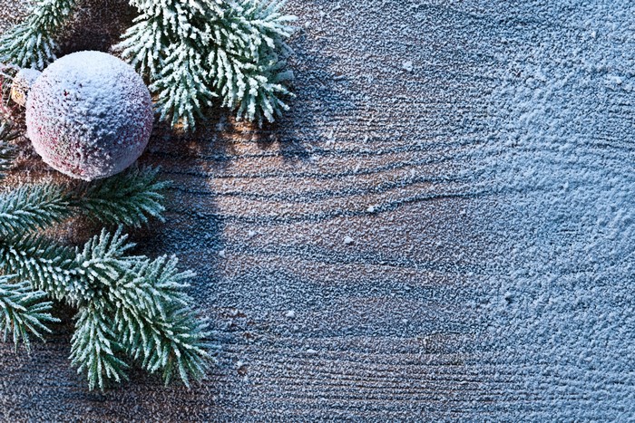 Christmas ornament and branches on frosted wood