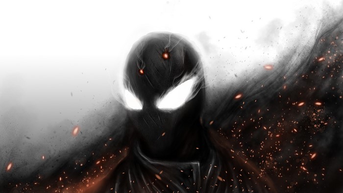 Dark figure with glowing eyes and sparks