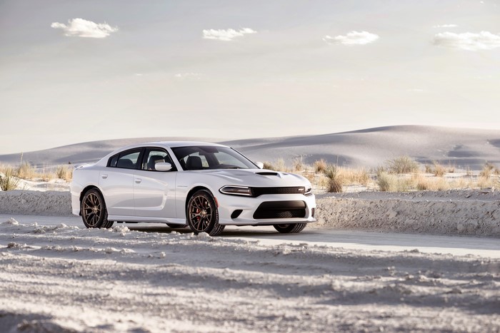 White Dodge Charger SRT Hellcat in desert