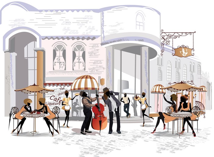 Cafe scene with jazz musicians and patrons