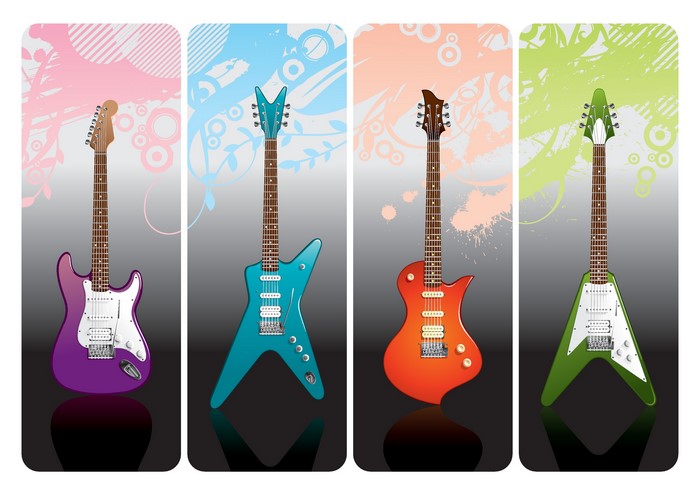 Four electric guitars with abstract backgrounds