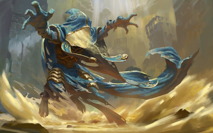 A hooded figure in blue robes manipulates sand