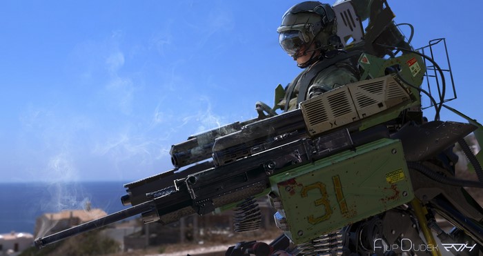 Soldier in powered exoskeleton with machine guns
