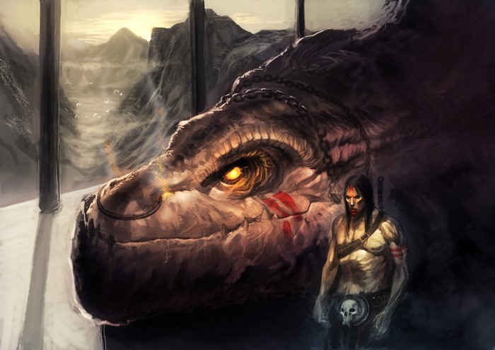 Warrior with chained dragon in mountainous landscape