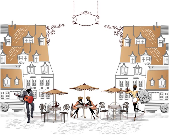 People at an outdoor cafe with a guitarist