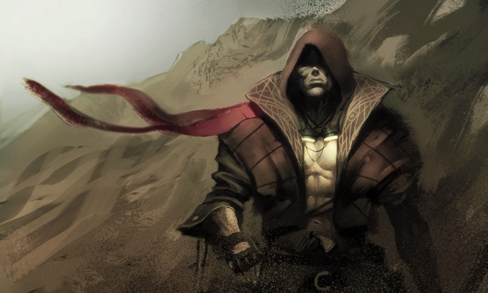Warrior with red scarf and hood