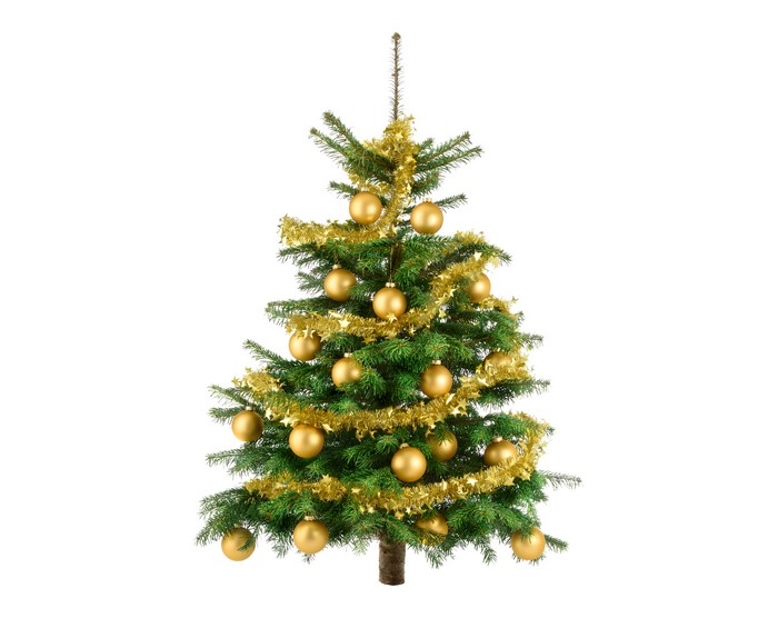 Christmas tree with golden ornaments and tinsel