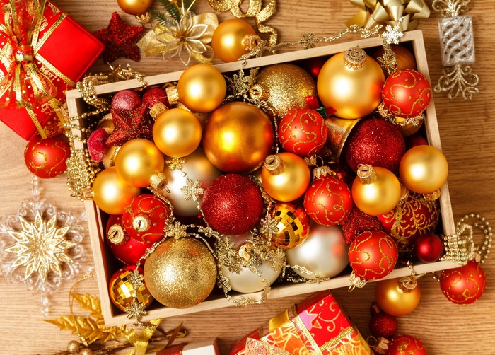Christmas Ornaments in a Wooden Box