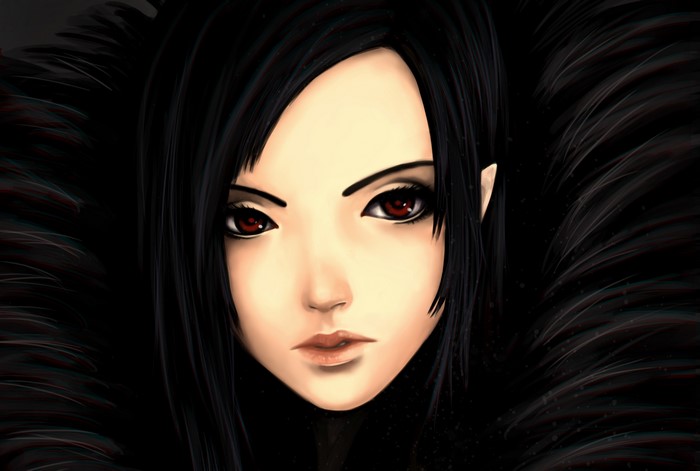 Anime girl with black hair and red eyes
