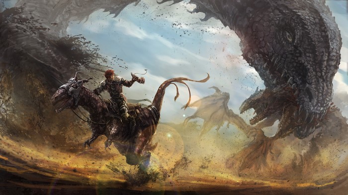 Warriors riding dinosaurs fighting dragons