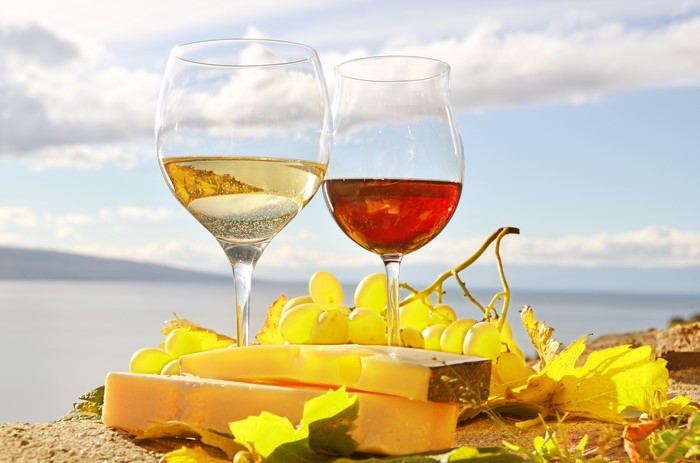 Wine, cheese, and grapes with a scenic background