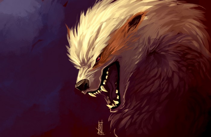 A monster with a mane roars with sharp teeth