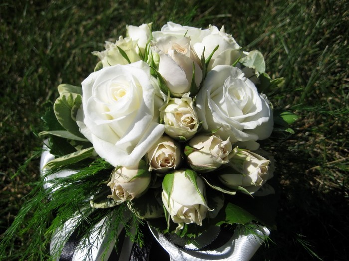 White Rose Bouquet with Greenery and Ribbon