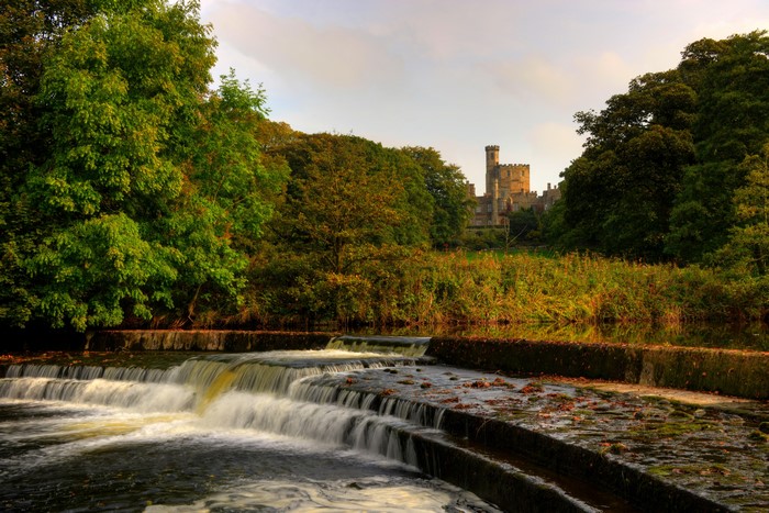Waterfall and castle in Hornby, Lancashire, England