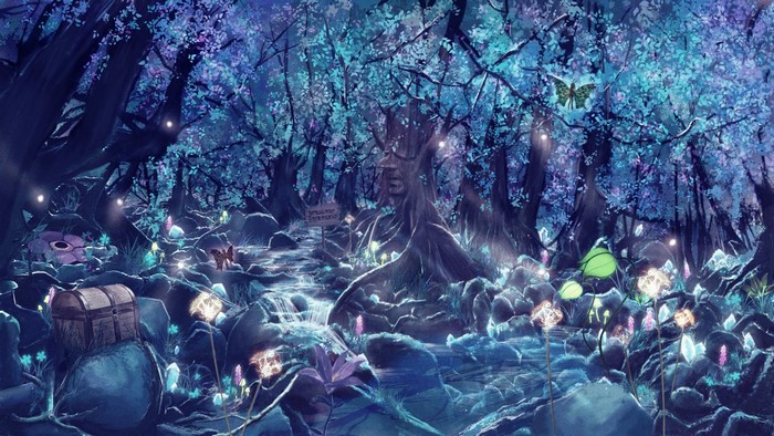 Enchanted forest with glowing crystals and a treasure chest