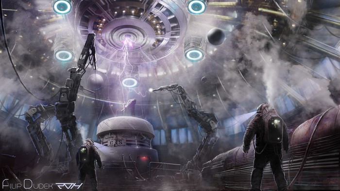 Men in a futuristic laboratory with a large machine