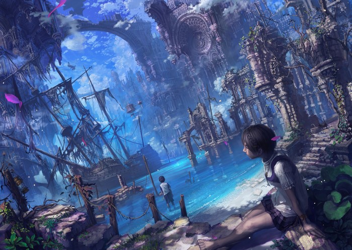 Fantasy world with ruined city and ships