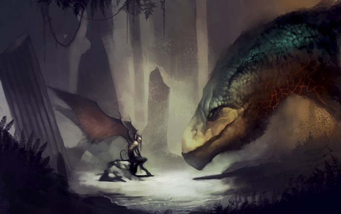Dragon and demon in a dark forest