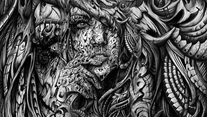 Detailed monochrome portrait of a woman with intricate patterns on her face