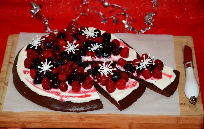 Chocolate Berry Pizza with White Frosting and Snowflakes