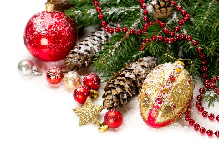Christmas Ornaments and Pine Cones with Snow