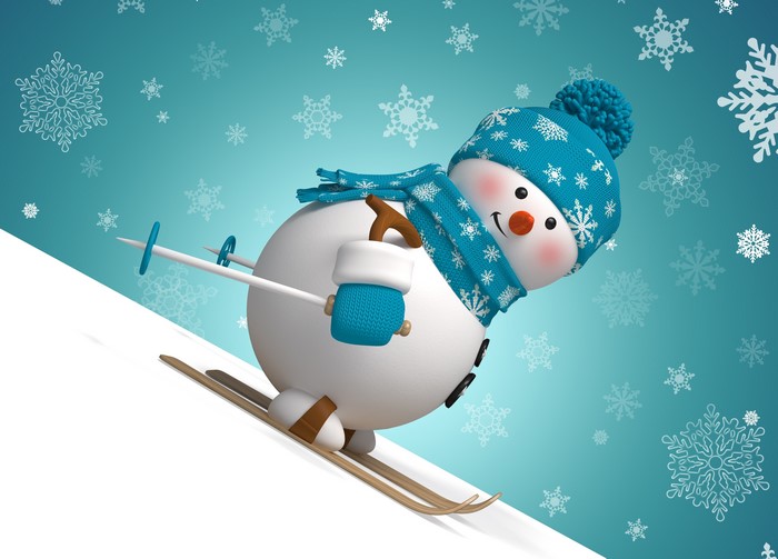 Snowman skiing down a snowy slope with snowflakes