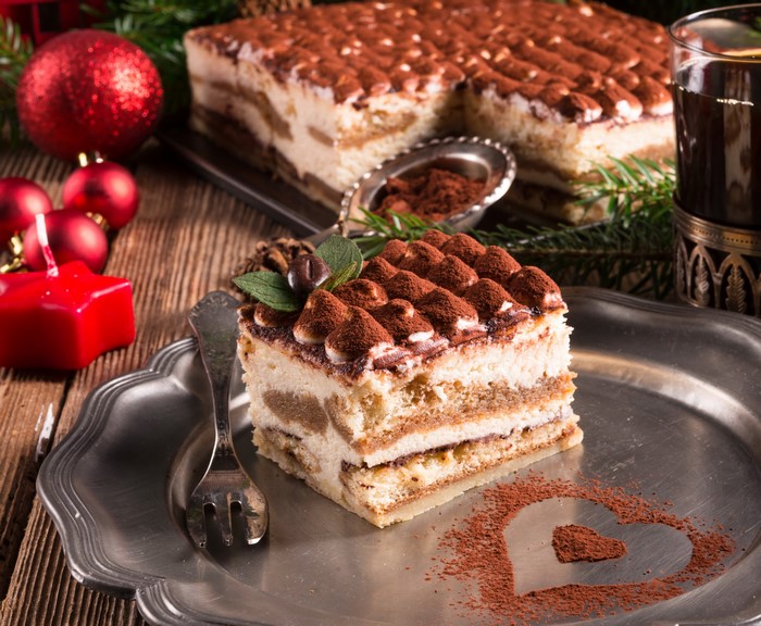 Tiramisu cake with Christmas decorations