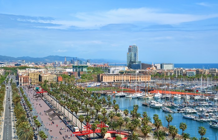 Barcelona cityscape with marina and palm-lined promenade