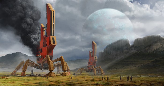 Alien planet with burning spider-like machines and large moon