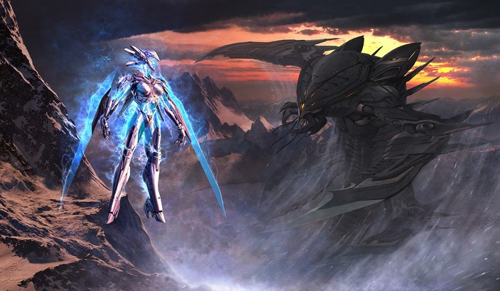 Warrior with blue energy fighting a large monster