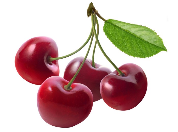 Four red cherries with a green leaf