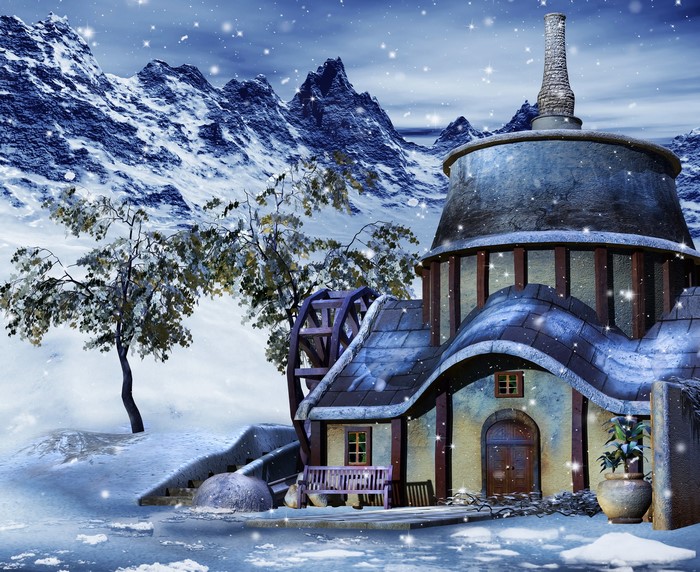 Winter scene with a snow-covered house and mountains