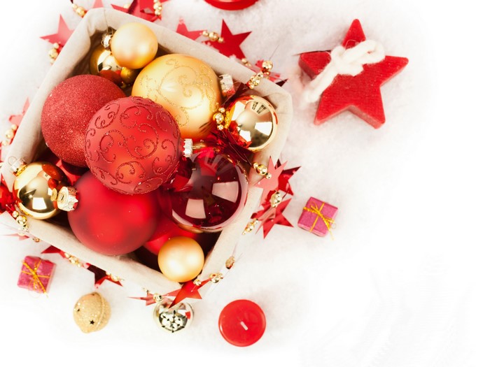 Christmas ornaments in a basket