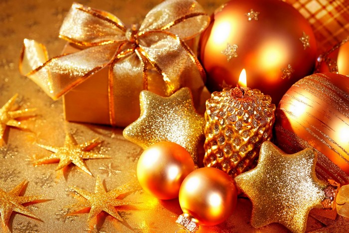 Golden Christmas Decorations with Gift and Candle