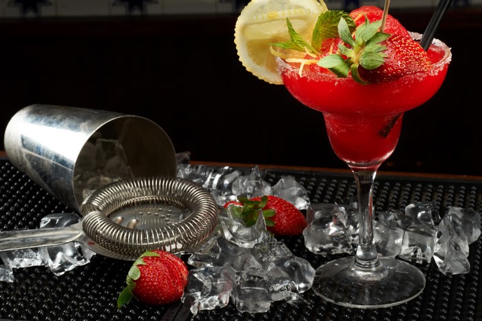 Strawberry Cocktail with Bar Tools and Ice