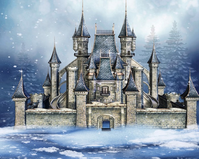 A majestic winter castle with snow-covered trees