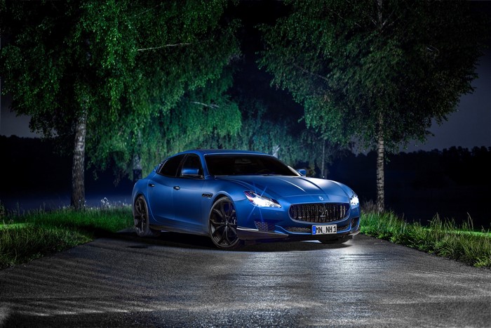 Blue Maserati Quattroporte Novitec at Night