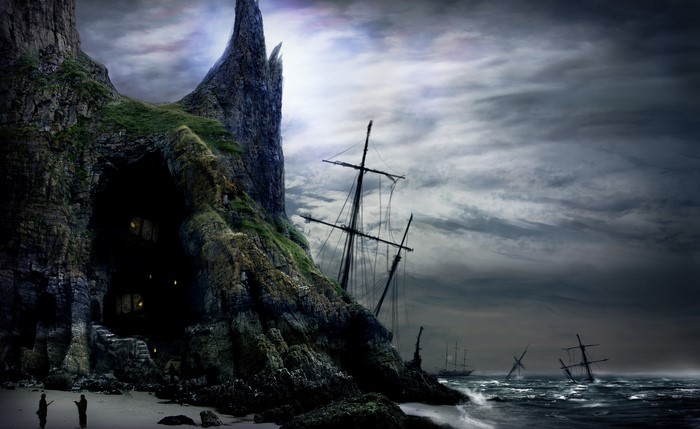 Shipwrecks near a cave on a rocky shore