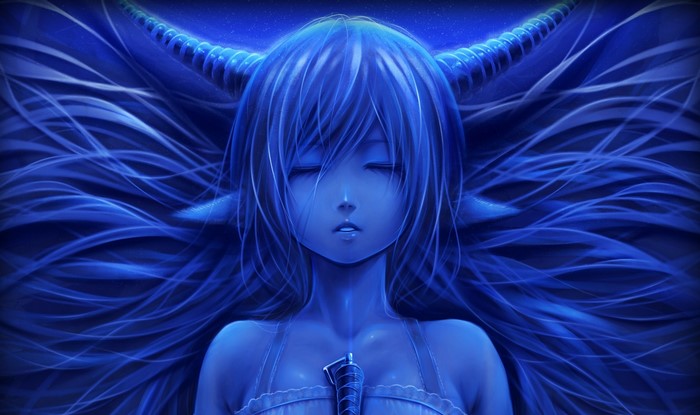 Girl with horns and flowing hair