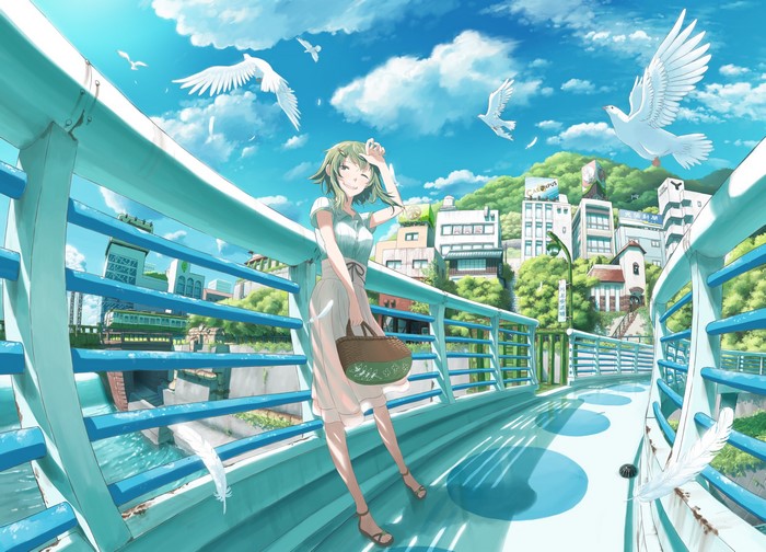 Gumi from Vocaloid on a bridge with pigeons