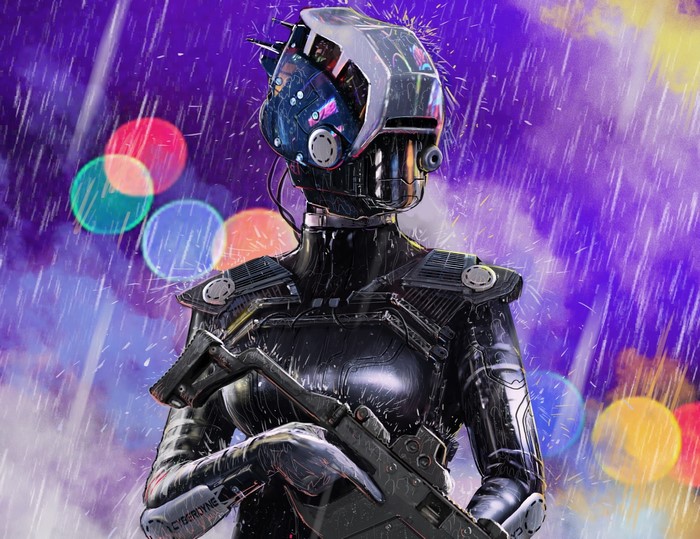 Cybernetic warrior with assault rifle in the rain