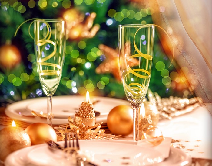 Christmas Table Setting with Stemware and Candles