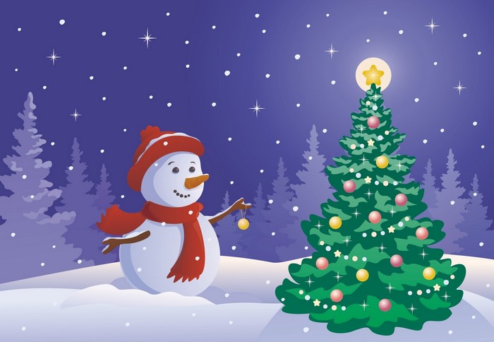Snowman decorating a Christmas tree in a snowy forest