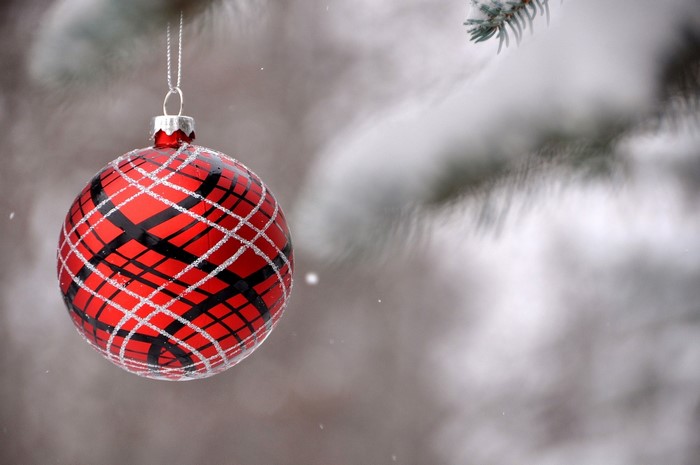 Red plaid Christmas ornament hanging on a snowy tree