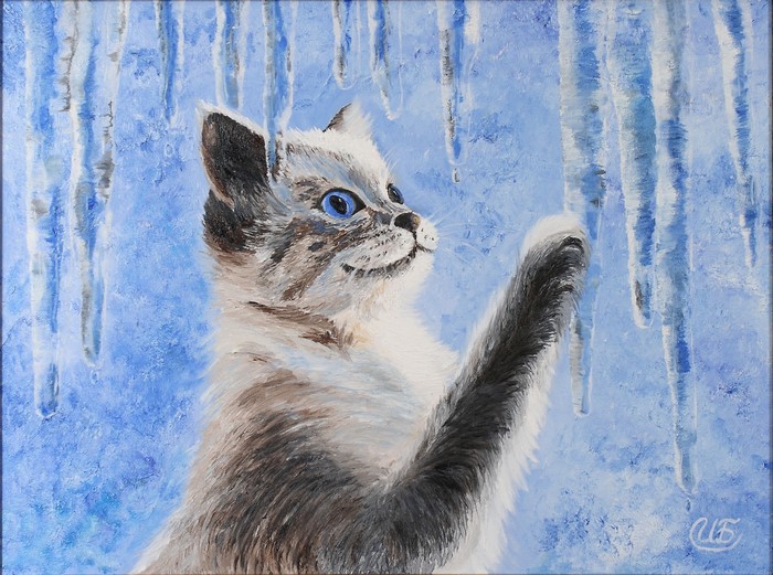 Kitten playing with icicles painting