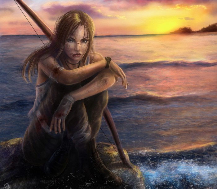 Lara Croft from Tomb Raider on a beach at sunset