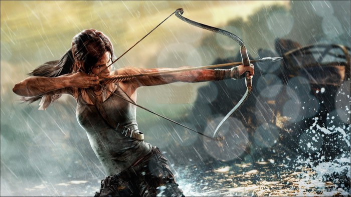 Lara Croft from Tomb Raider aiming a bow and arrow