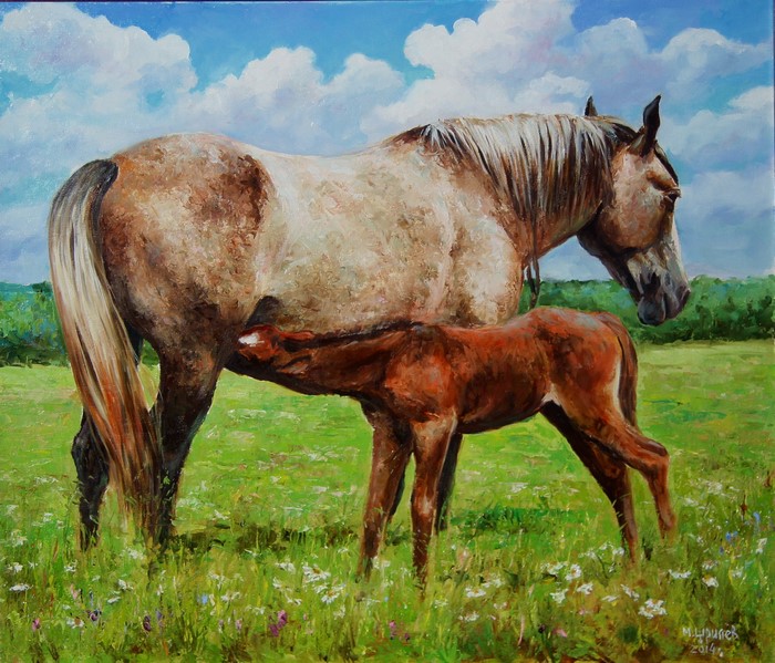 Painting of a horse and foal in a field